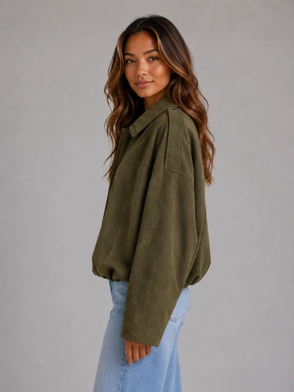 London | Women's Bomber Jacket Suede Look Oversized Collared Zip Soft Relaxed Casual Everyday Autumn Winter Layering Statement