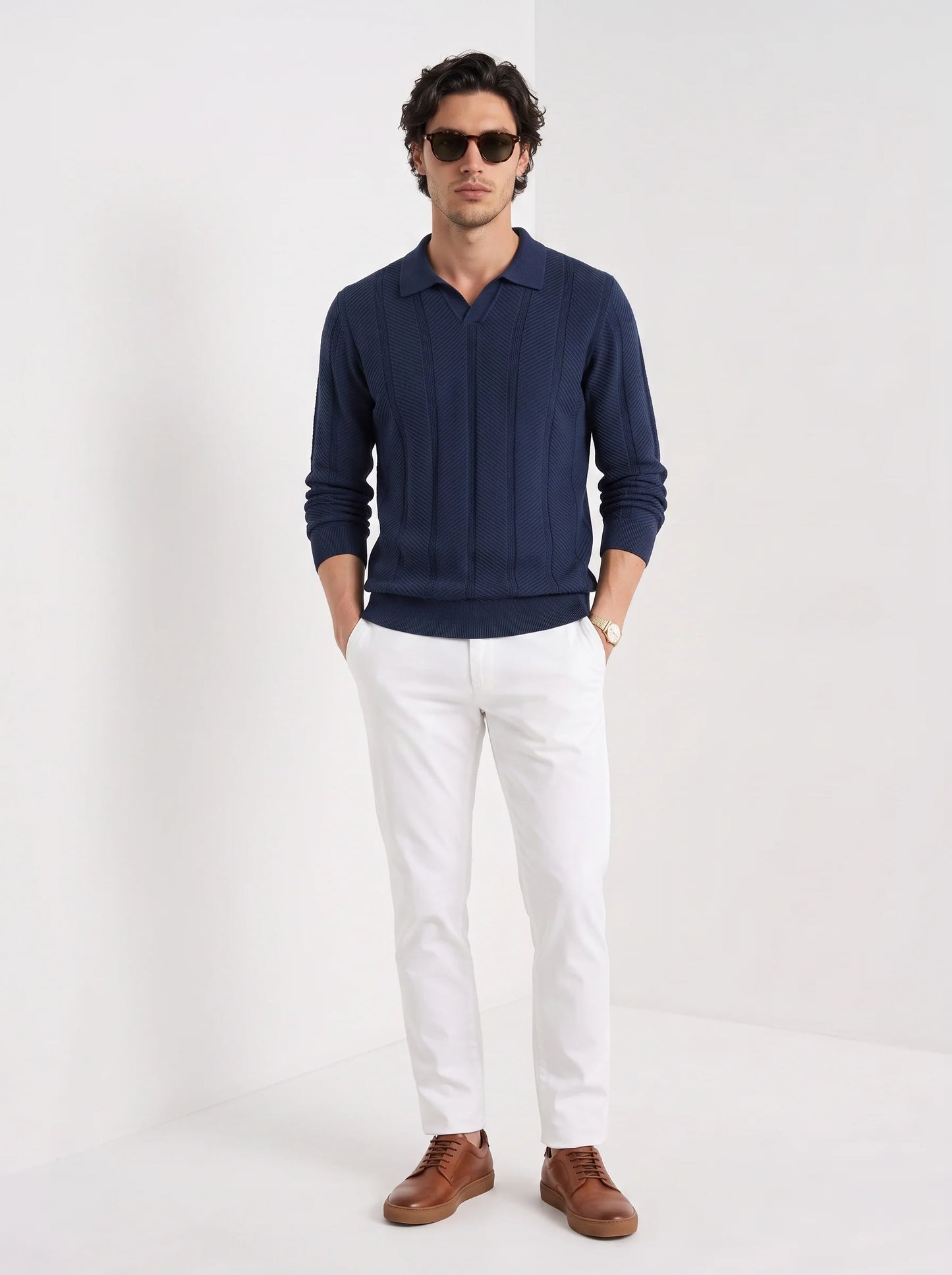 Augustus | Men's Polo Sweater Textured Cotton Long-Sleeve Knit Collared Soft Warm Refined Smart Casual Everyday Layering Autumn