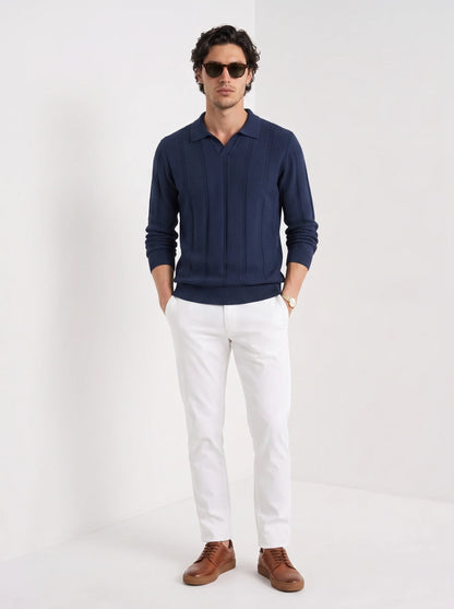Augustus | Men's Polo Sweater Textured Cotton Long-Sleeve Knit Collared Soft Warm Refined Smart Casual Everyday Layering Autumn