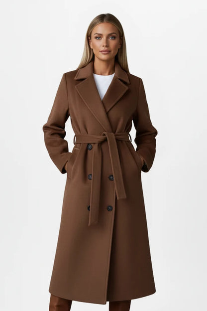 Mya | Women's Coat Long Belted Double-Breasted Front Tailored Structured Warm Smart Occasion Everyday Autumn Winter Statement