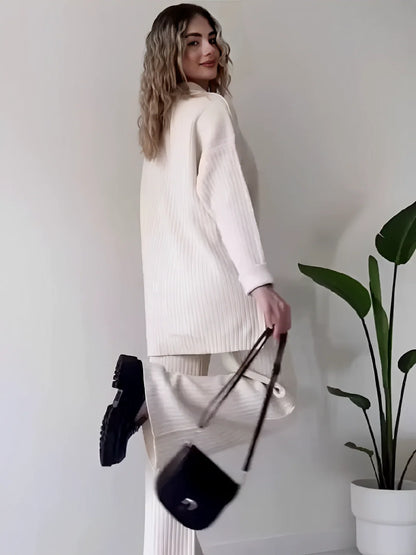 Marie | Women's Co-ord Set Ribbed Knit Longline Button Shirt Straight Trousers Two-Piece Soft Stretch Coordinated Chic Autumn