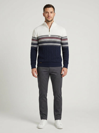 Apollo | Men's Sweater Quarter-Zip Cotton Fair Isle Knit Patterned Soft Warm Cosy Smart Casual Everyday Layering Autumn Winter - Front [Lystr 6a87322c51ba65245b46db25:front]