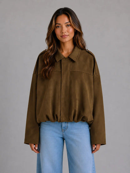 London | Women's Bomber Jacket Suede Look Oversized Collared Zip Soft Relaxed Casual Everyday Autumn Winter Layering Statement