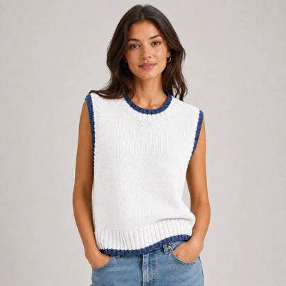 Tessa | Women's Vest Sweater Contrast Trim Round Neck Sleeveless Knit Soft Cosy Warm Layering Chic Feminine Casual Everyday Autumn