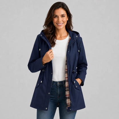 Treasure | Women's Rain Coat Hooded Check-Lined Waterproof Windproof Longline Warm Functional Casual Everyday Outdoor Autumn Winter