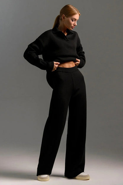 Kamila | Women's Co-ord Set Polo Collar Knit Pullover Wide-Leg Trousers Two-Piece Cosy Knit Coordinated Chic Autumn Winter