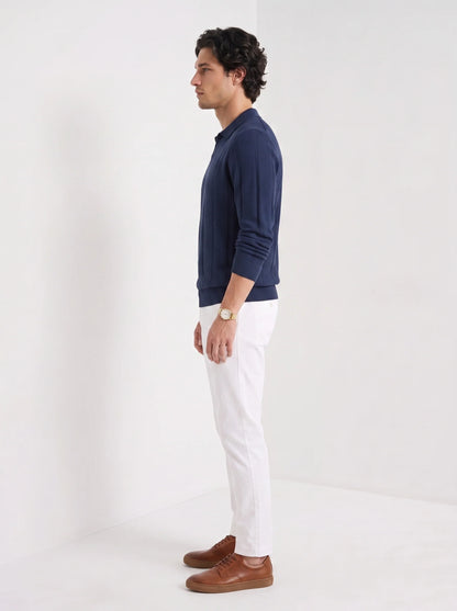 Augustus | Men's Polo Sweater Textured Cotton Long-Sleeve Knit Collared Soft Warm Refined Smart Casual Everyday Layering Autumn