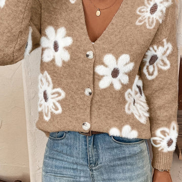 Marina | Women's Cardigan Floral V-Neck Button Front Knit Soft Feminine Cosy Warm Relaxed Layering Chic Casual Everyday Autumn