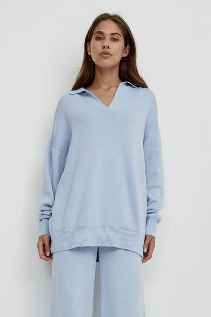 Kamila | Women's Co-ord Set Polo Collar Knit Pullover Wide-Leg Trousers Two-Piece Cosy Knit Coordinated Chic Autumn Winter