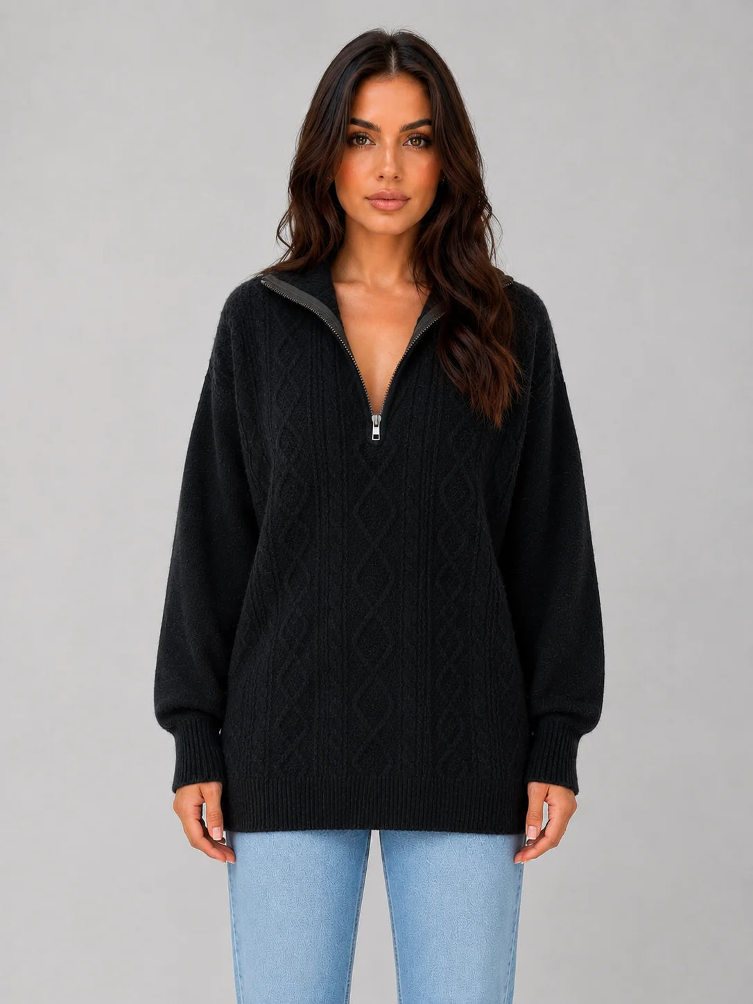 Raegan | Women's Sweater Half-Zip Cable-Knit Chunky Textured Soft Cosy Warm Layering Chic Feminine Casual Everyday Autumn Winter