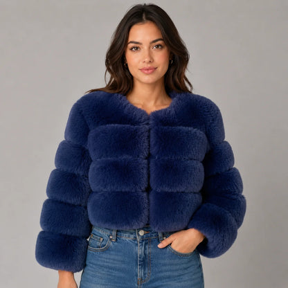 Veda | Women's Faux Fur Jacket Cropped Fluffy Plush Soft Warm Cosy Chic Feminine Occasion Everyday Autumn Winter Outerwear