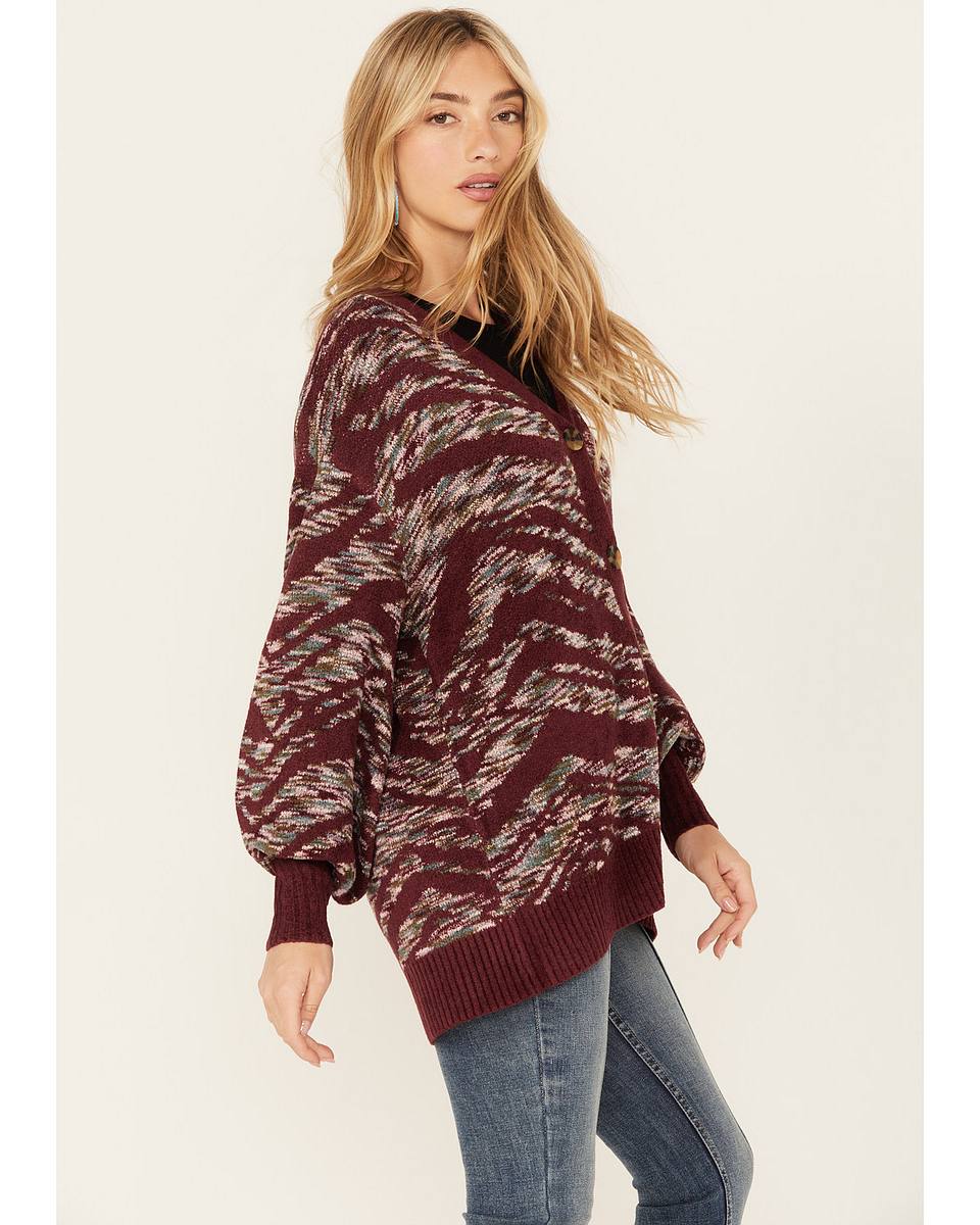 Katie | Women's Cardigan Artisanal Print V-Neck Puff Sleeve Button Front Rib Knit Soft Chic Feminine Layering Autumn Winter