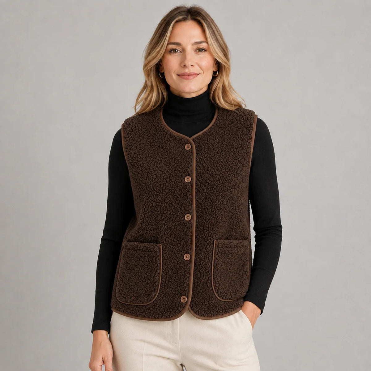 Trinity | Women's Gilet Borg Teddy Button-Front Sleeveless Plush Sherpa Soft Cosy Warm Layering Chic Feminine Casual Everyday Autumn