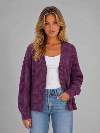 River | Women's Cardigan Chunky Knit Button Front V-Neck Soft Ribbed Cosy Warm Relaxed Layering Chic Feminine Casual Everyday