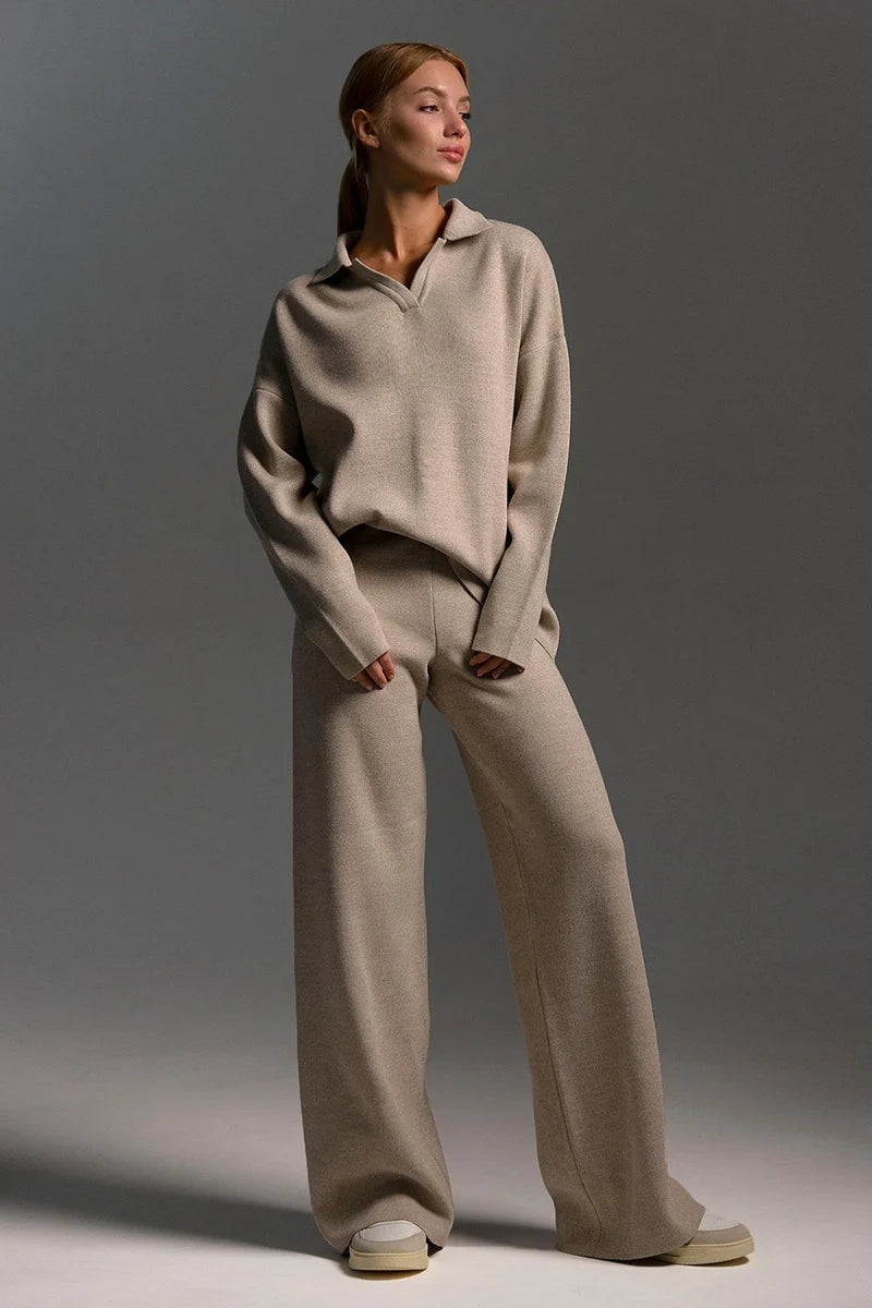 Kamila | Women's Co-ord Set Polo Collar Knit Pullover Wide-Leg Trousers Two-Piece Cosy Knit Coordinated Chic Autumn Winter