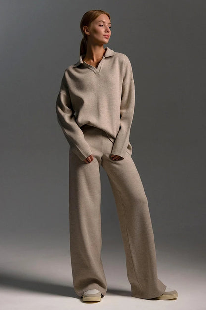 Kamila | Women's Co-ord Set Polo Collar Knit Pullover Wide-Leg Trousers Two-Piece Cosy Knit Coordinated Chic Autumn Winter
