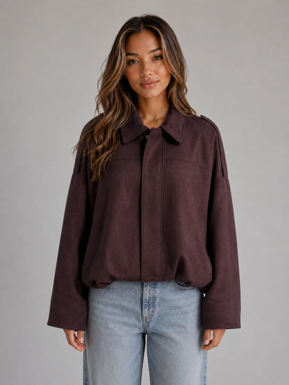 London | Women's Bomber Jacket Suede Look Oversized Collared Zip Soft Relaxed Casual Everyday Autumn Winter Layering Statement