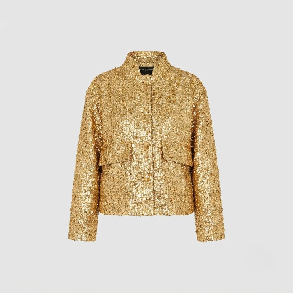 Lyric | Women's Bomber Jacket Gold Sequin Tweed Textured Structured Sparkle Statement Chic Occasion Party Festive Evening Autumn