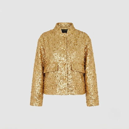 Lyric | Women's Bomber Jacket Gold Sequin Tweed Textured Structured Sparkle Statement Chic Occasion Party Festive Evening Autumn
