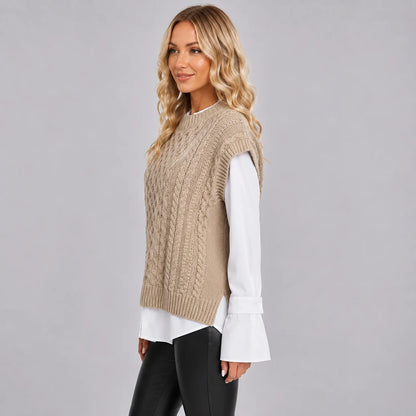 Valeria | Women's Vest Sweater Cable-Knit Round Neck Sleeveless Chunky Soft Cosy Warm Layering Chic Feminine Casual Everyday Autumn