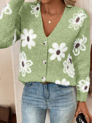 Marina | Women's Cardigan Floral V-Neck Button Front Knit Soft Feminine Cosy Warm Relaxed Layering Chic Casual Everyday Autumn
