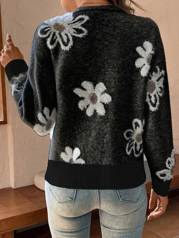 Marina | Women's Cardigan Floral V-Neck Button Front Knit Soft Feminine Cosy Warm Relaxed Layering Chic Casual Everyday Autumn