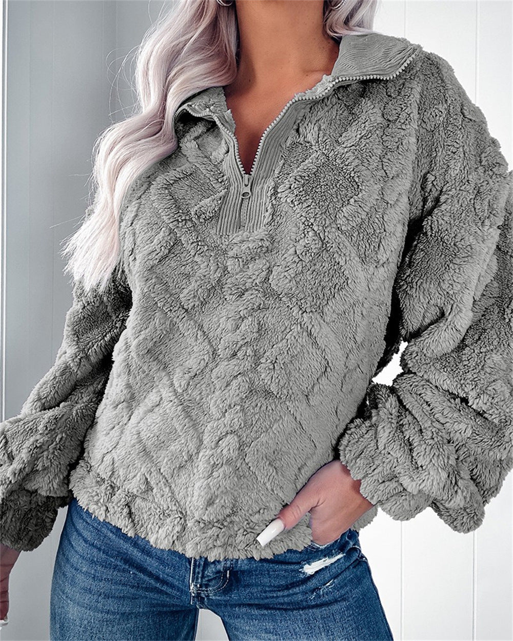 Shay | Women's Jumper Zip-Neck Fleece Pullover Textured Soft Cosy Warm Relaxed Layering Chic Feminine Casual Everyday Autumn