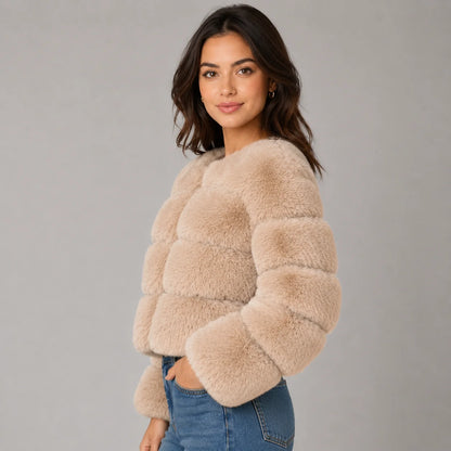 Veda | Women's Faux Fur Jacket Cropped Fluffy Plush Soft Warm Cosy Chic Feminine Occasion Everyday Autumn Winter Outerwear