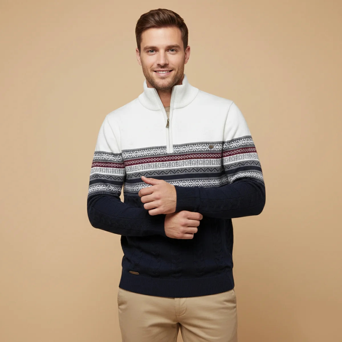 Apollo | Men's Sweater Quarter-Zip Cotton Fair Isle Knit Patterned Soft Warm Cosy Smart Casual Everyday Layering Autumn Winter