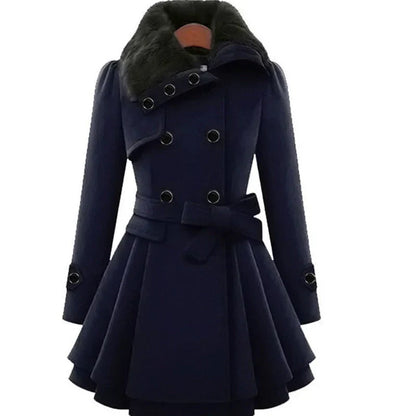 Marlee | Women's Peacoat Fur Collar Belted Fit Flare Elegant Tailored Warm Structured Smart Occasion Everyday Autumn Winter