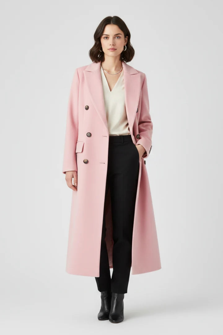 Nayeli | Women's Coat Lapel Collar Button Fastening Long Woven Tailored Structured Warm Smart Occasion Everyday Autumn Winter