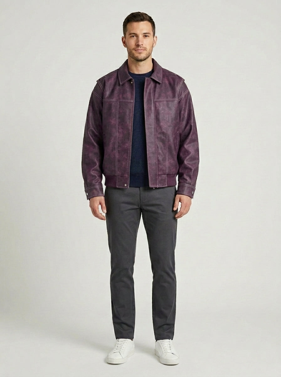 Andres | Men's Jacket Faux Leather Flap Collar Zip Pockets Structured Refined Smart Casual Everyday Autumn Winter Layering - Purple Front [Lystr 6a855a04ca0d7180bd88d2d3:purple:front]