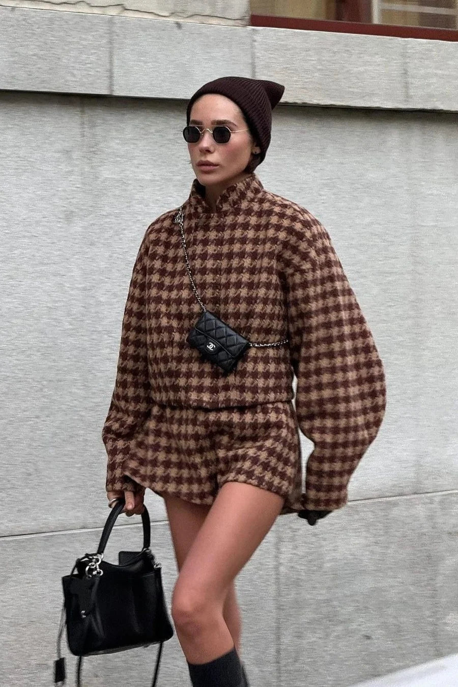 Kamryn | Women's Co-ord Set Houndstooth Zip Jacket Shorts Two-Piece Structured Patterned Chic Autumn Coordinated Statement
