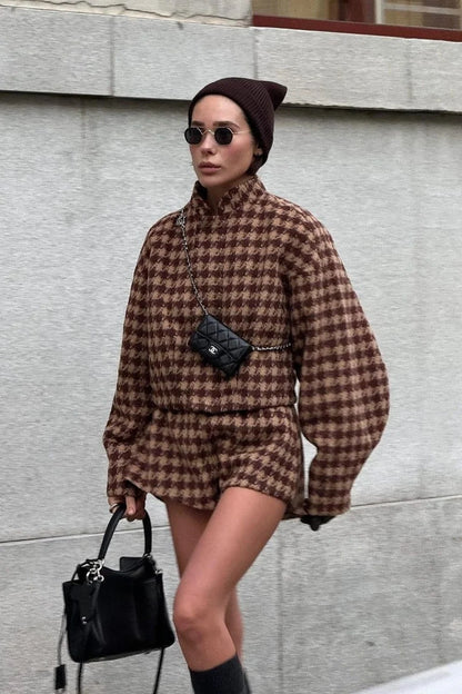 Kamryn | Women's Co-ord Set Houndstooth Zip Jacket Shorts Two-Piece Structured Patterned Chic Autumn Coordinated Statement