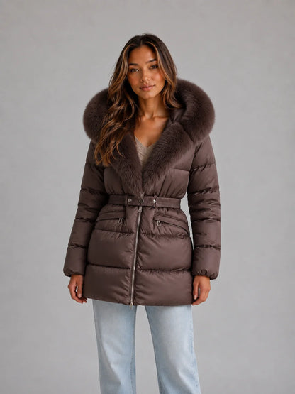Rayna | Women's Puffer Jacket Hooded Faux Fur Trim Belted Padded Insulated Warm Quilted Casual Everyday Winter Outerwear Cosy