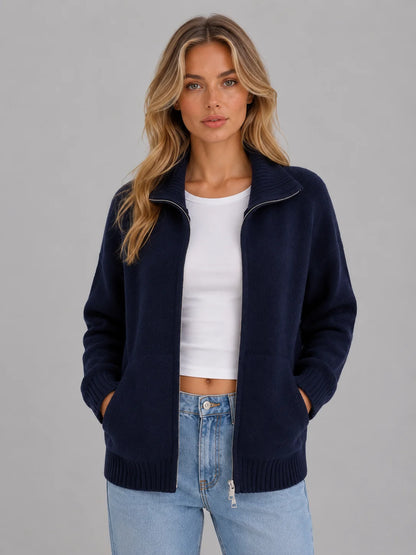 Ramona | Women's Cardigan Zip-Up Knitted Soft Funnel Neck Knit Jacket Cosy Warm Relaxed Layering Chic Feminine Casual Everyday