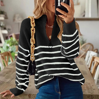 Shelby | Women's Jumper Striped Ribbed Zip Neckline Soft Knit Fitted Cosy Warm Layering Chic Feminine Casual Everyday Autumn Winter
