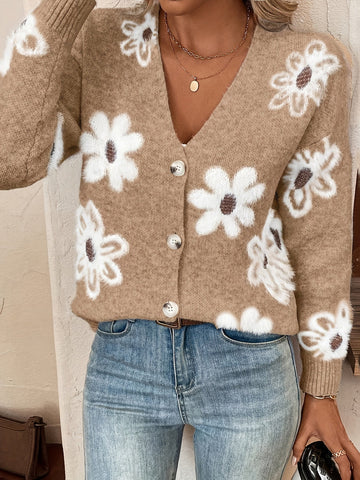Marina | Women's Cardigan Floral V-Neck Button Front Knit Soft Feminine Cosy Warm Relaxed Layering Chic Casual Everyday Autumn