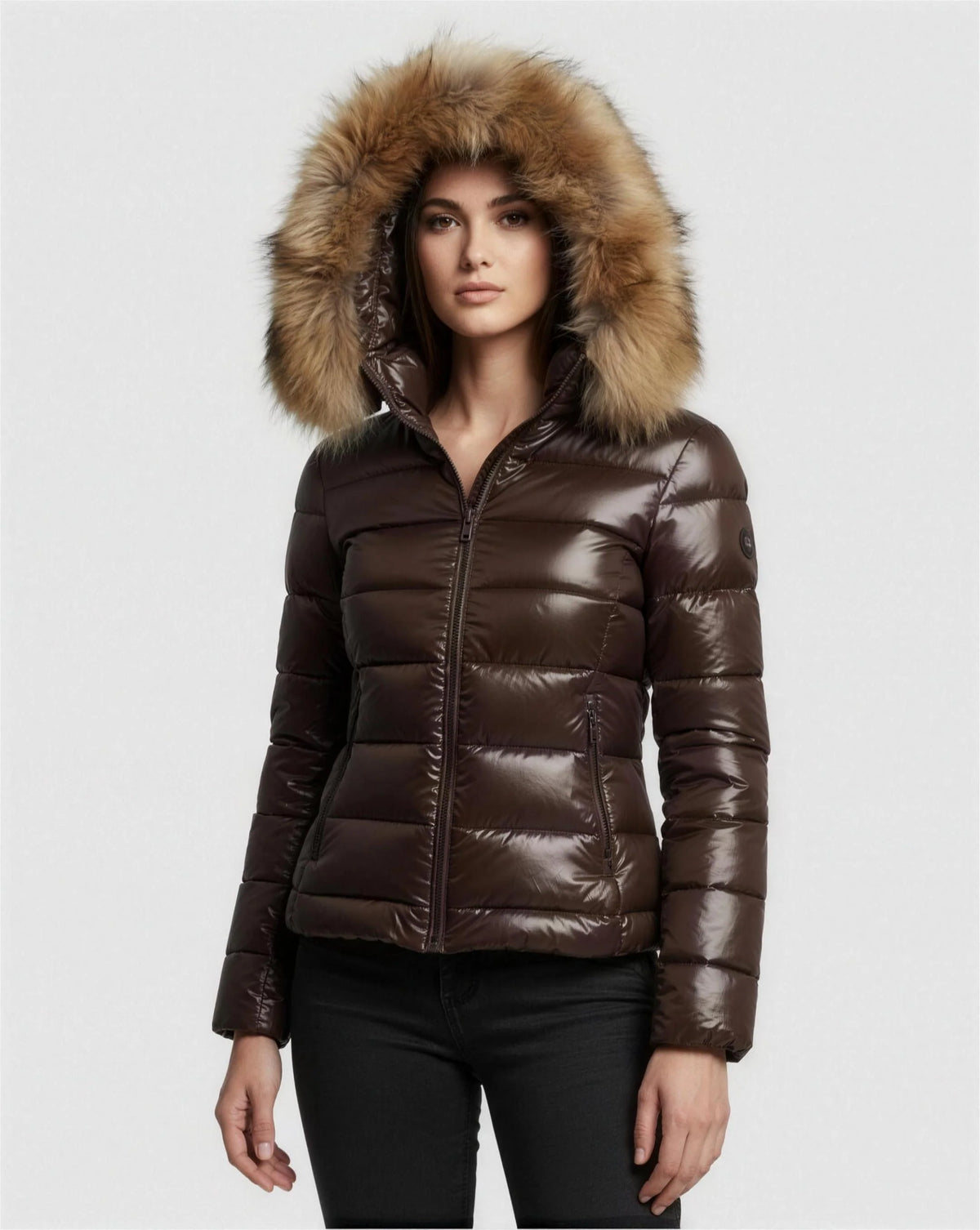 Nina | Women's Puffer Jacket Glossy Hooded Faux Fur Trim Padded Insulated Warm Cropped Casual Everyday Winter Outerwear Cosy