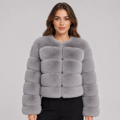 Veda | Women's Faux Fur Jacket Cropped Fluffy Plush Soft Warm Cosy Chic Feminine Occasion Everyday Autumn Winter Outerwear