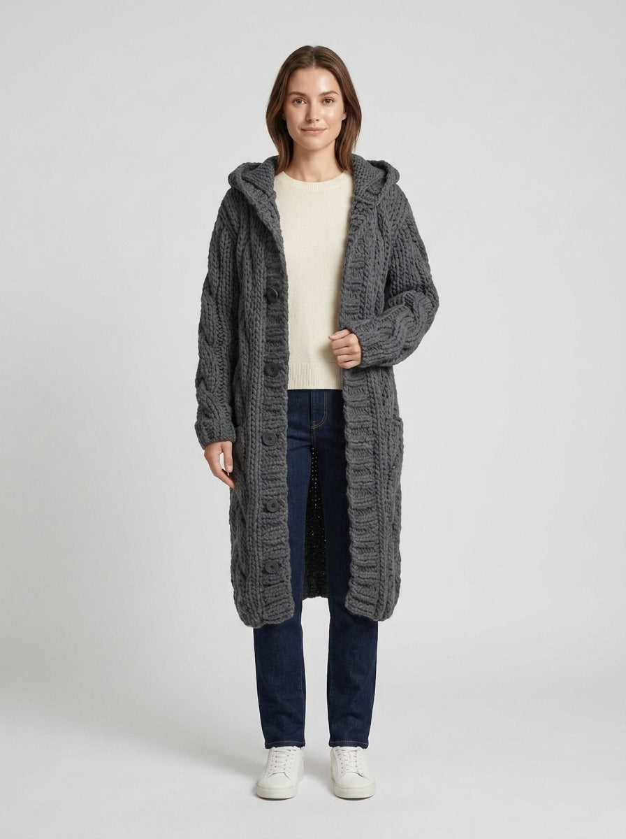 Willow | Women's Cardigan Coat Long Cable-Knit Button-Front Chunky Textured Warm Cosy Relaxed Layering Everyday Winter - Front [Lystr 6a7e2f049d1b0a17cf148b87:front]