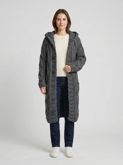 Willow | Women's Cardigan Coat Long Cable-Knit Button-Front Chunky Textured Warm Cosy Relaxed Layering Everyday Winter - Front [Lystr 6a7e2f049d1b0a17cf148b87:front]
