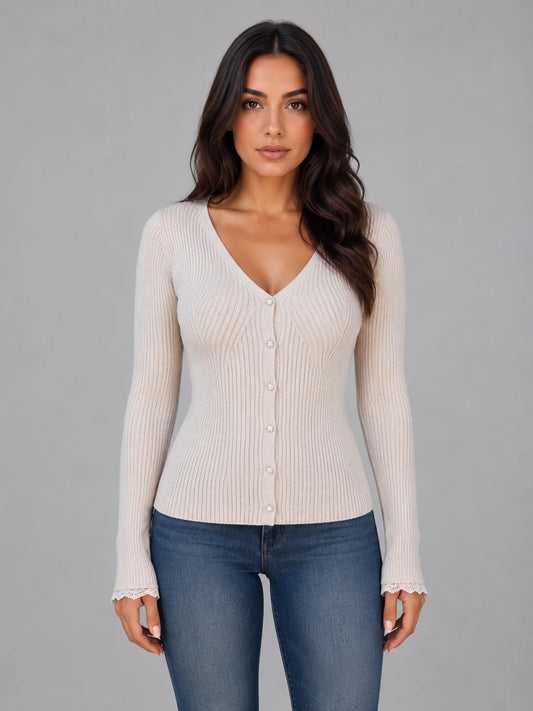 Priscilla | Women's Cardigan Ribbed Knit V-Neck Button-Up Soft Cosy Warm Relaxed Layering Chic Feminine Casual Everyday Autumn