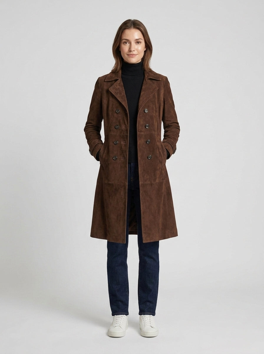 Emily | Women's Suede Coat Longline Button-Front Streamlined Clean Structured Smart Casual Everyday Autumn Winter - Front [Lystr 6a7e30589d1b0a17cf148b90:front]