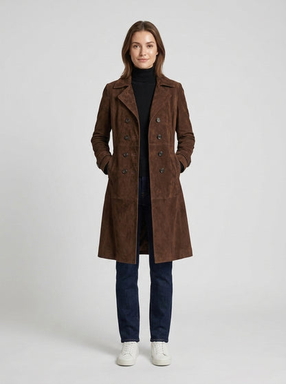 Emily | Women's Suede Coat Longline Button-Front Streamlined Clean Structured Smart Casual Everyday Autumn Winter - Front [Lystr 6a7e30589d1b0a17cf148b90:front]