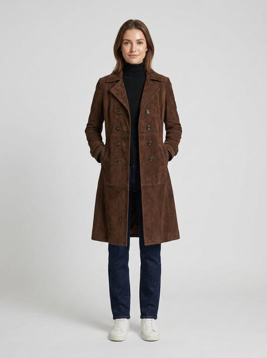 Emily | Women's Suede Coat Longline Button-Front Streamlined Clean Structured Smart Casual Everyday Autumn Winter - Front [Lystr 6a7e30589d1b0a17cf148b90:front]