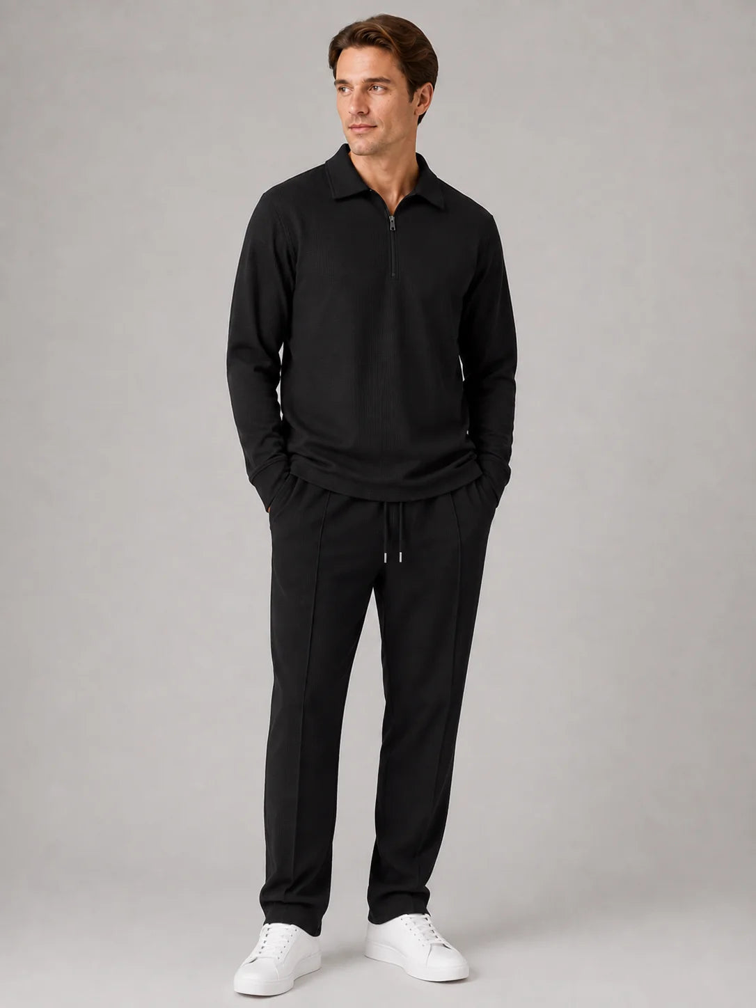 Andre | Men's Co-ord Set Quarter-Zip Polo Trousers Two-Piece Textured Smart Casual Coordinated Refined Relaxed Everyday Autumn