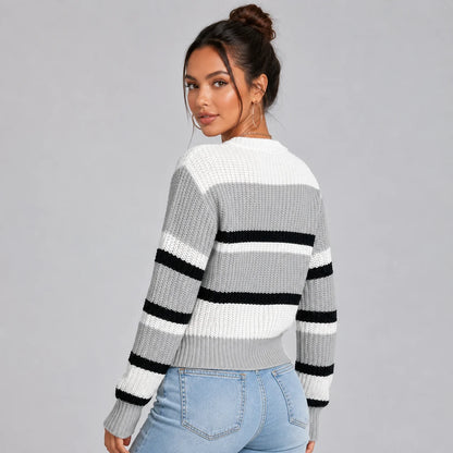 Vanessa | Women's Jumper Cropped Striped Round Neck Soft Knit Relaxed Cosy Warm Layering Chic Feminine Casual Everyday Autumn Winter