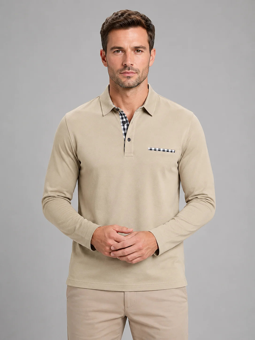 Brennan | Men's Polo Shirt Long-Sleeve Gingham Trim Casual Cotton Soft Refined Smart Casual Everyday Layering Autumn Winter