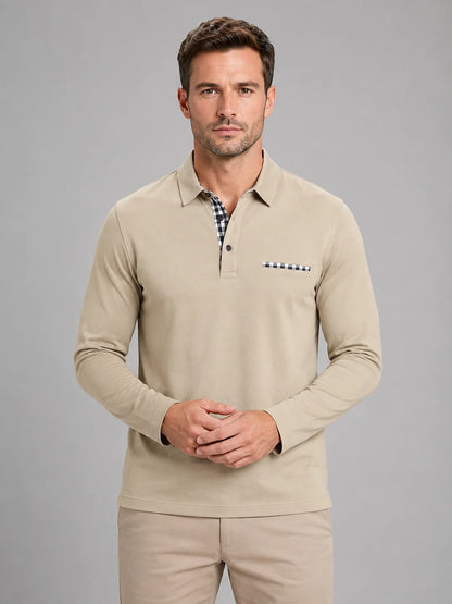 Brennan | Men's Polo Shirt Long-Sleeve Gingham Trim Casual Cotton Soft Refined Smart Casual Everyday Layering Autumn Winter